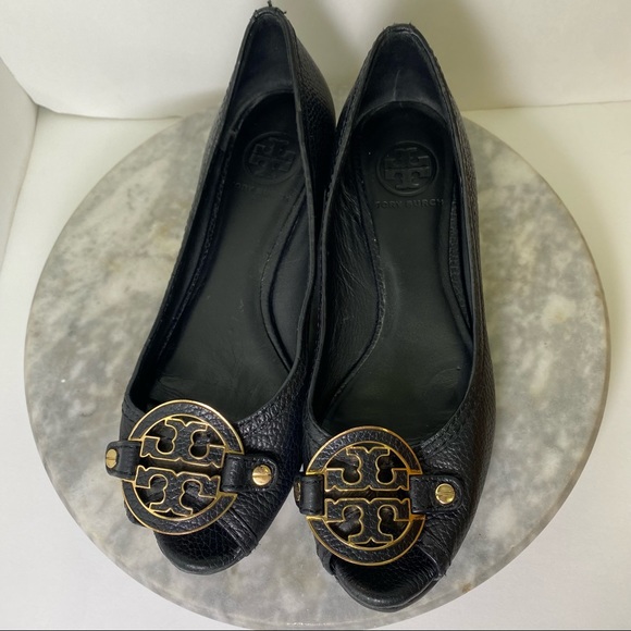Tory Burch Amanda Demi Wedge Black Open Toe Leather Logo